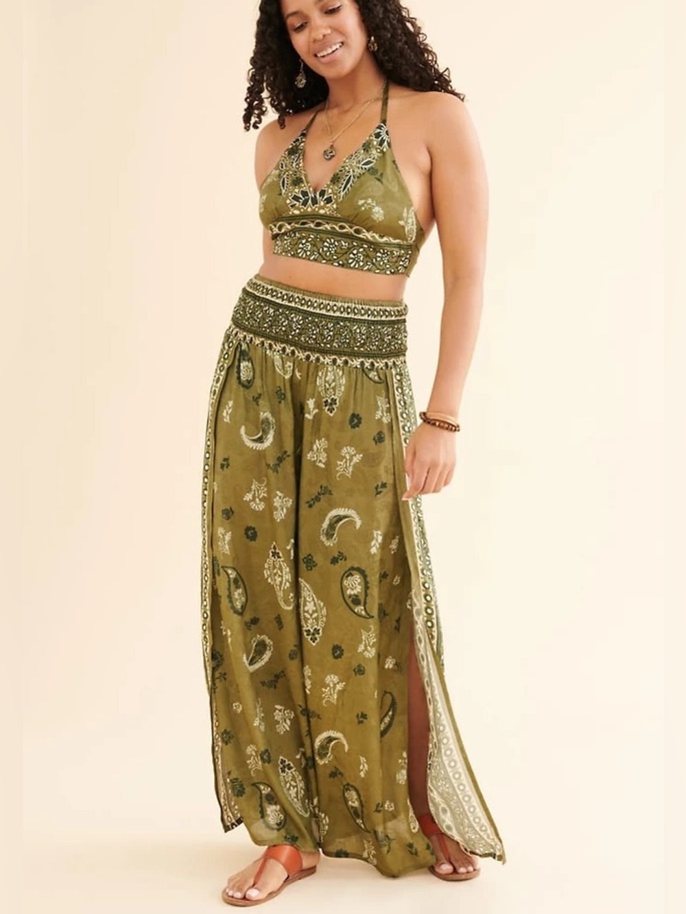 Earthbound Olive Paisley Split Leg Palazzo Pants Boho Festival Medium Hippie